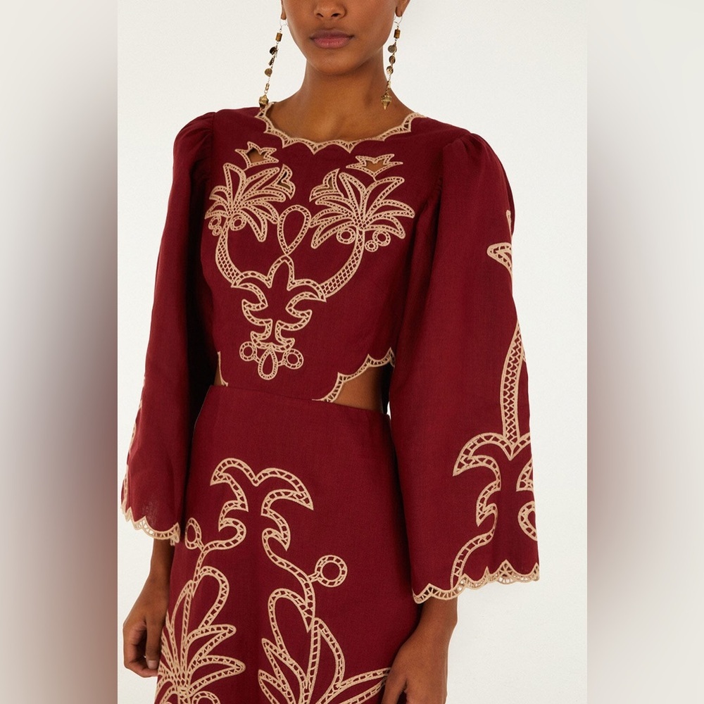 Farm Rio: Red Artisanal Cut-Out Embroidered Euroflax™ Premium Linen Maxi Dress - Picture 3 of 11